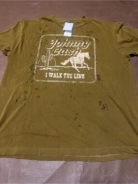 Buckle Brown (green tint but definitely brown) Graphic Tee with Cream Print